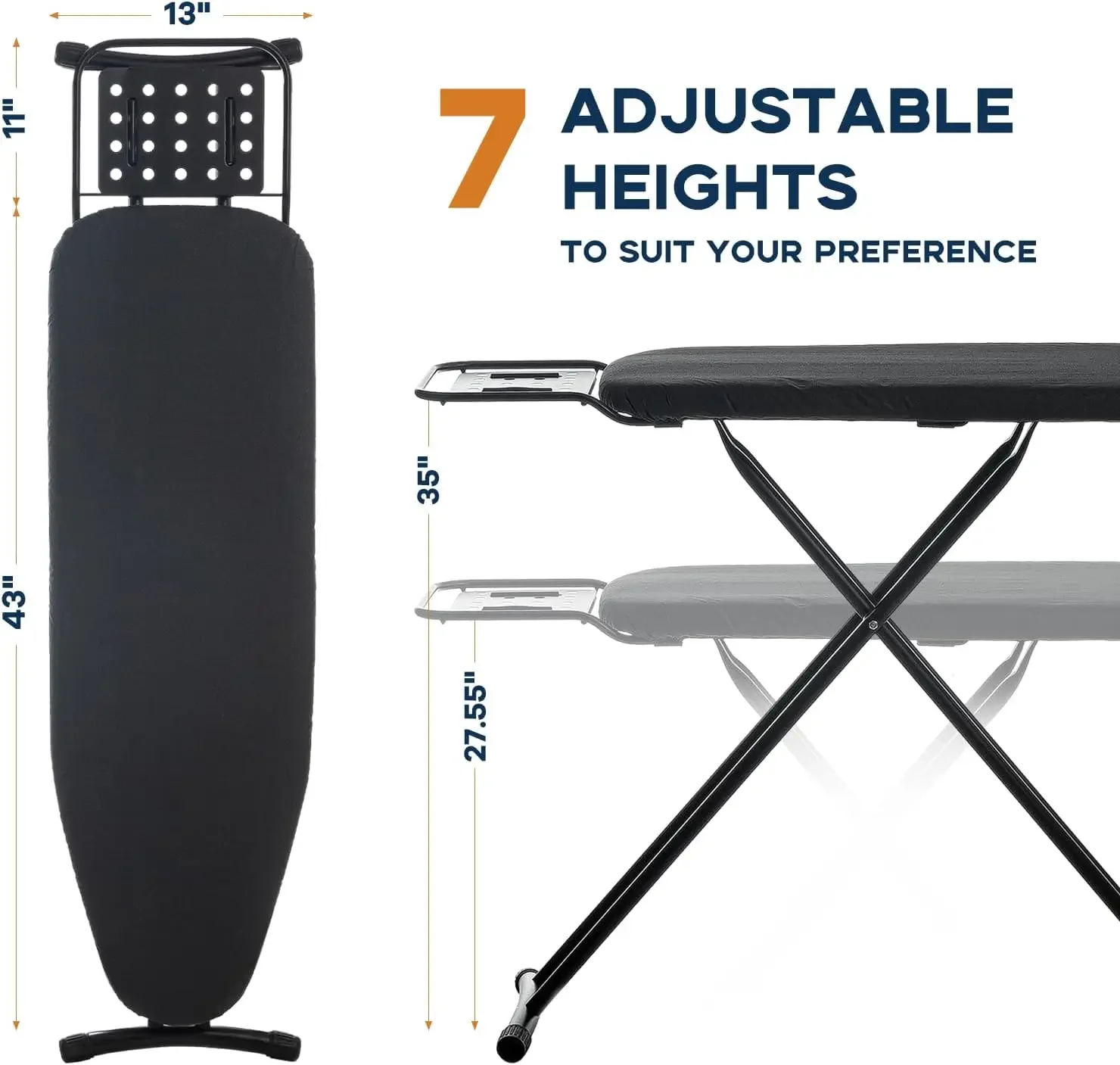 Ironing Board ,Heavy Duty Compact Iron Board with Iron Rest, Heat Resistant Cover , Height Adjustable Sturdy Iron Stand, Black