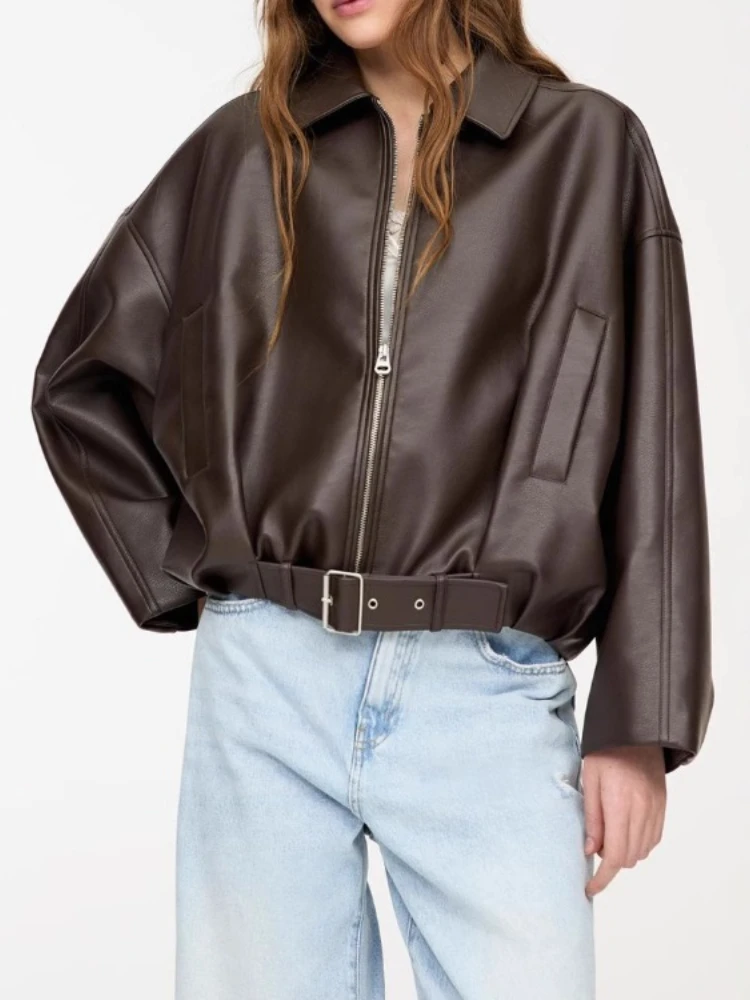 

Autumn Winter Casual Street Outwear Fashion Women Leather Jacket Turn-Down Collar Zipper Lace Up Pocket Solid Lady Jackets