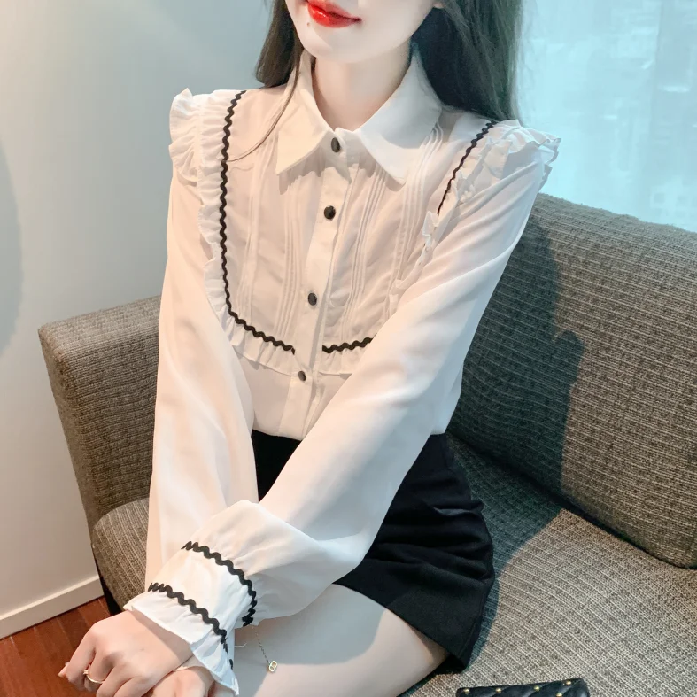 Korean Version Lapel Ruffle Long Sleeved Chiffon Shirt with Fashionable Temperament Polo Collar Shirt for Outerwear Trend