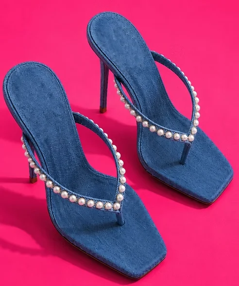Pearls blue denim Square toe sexy flip-flops 2026 summer new Women's leather black/pink high heels big size sexy slippers