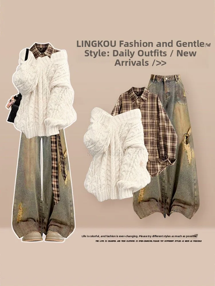 

Large Size Spring Vintage Knitted Set Women's Anti-Aging Twisted Sweater Plaid irt with Hole Jeans Tee-Piece Set Casual S...