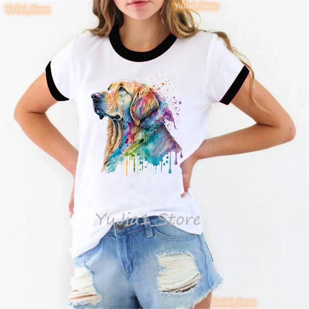 Watercolor Golden Retriever Hunting Dogs Animal Print T Shirt For Girls Funny Australian Shepherd Dog With Flower Tshirt Women