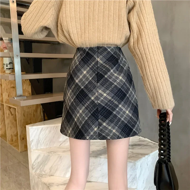 Skirts Women Woolen Tender Fashion High Waist Retro Plaid Elegant A-line Casual Ladies Minimalist All-match Autumn Korean Style