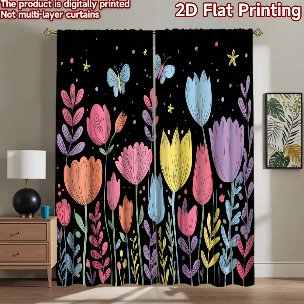 

2D flat printing 2pcs Curtain Cute Butterfly Flowers Garden Digital Printed Polyester Drapes Festive Curtains Perfect for Indoor