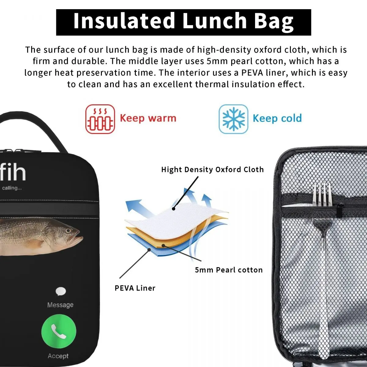 Fih Calling Remind Me Message Decline Accept Phone Call Fish Fishman Insulated Lunch Bag Leakproof Food Boxes Thermal Lunch