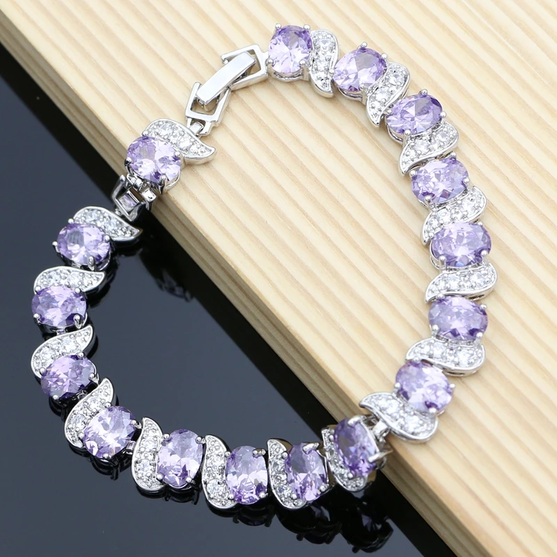 925 Sterling Silver Bride Jewelry Sets Purple Amethyst with Crystal Earrings Stone Geometric Necklace Set Dropshipping