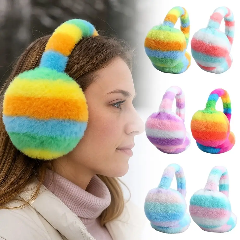 Winter Warm Soft Earmuffs Thickened Rainbow Color Fluffy Earflaps Antifreeze Ear Protection Ear Warmer For Women Men Outdoor