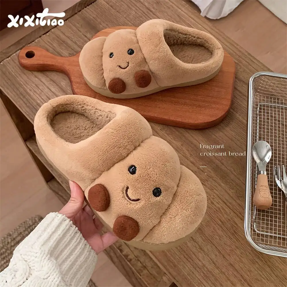 

Couples Winter Home Slippers Fun Croissant Bread Design Thick Soled Anti Slip Cute Cotton Indoor Household Slipper For Men Women