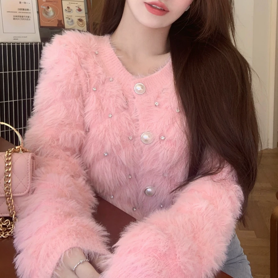 Diamond Long-sleeved White Pink Warm Sweater Women Autumn 2023 Plush Knitted Sweater Crop Cardigan Short Top Ropa De Mujer