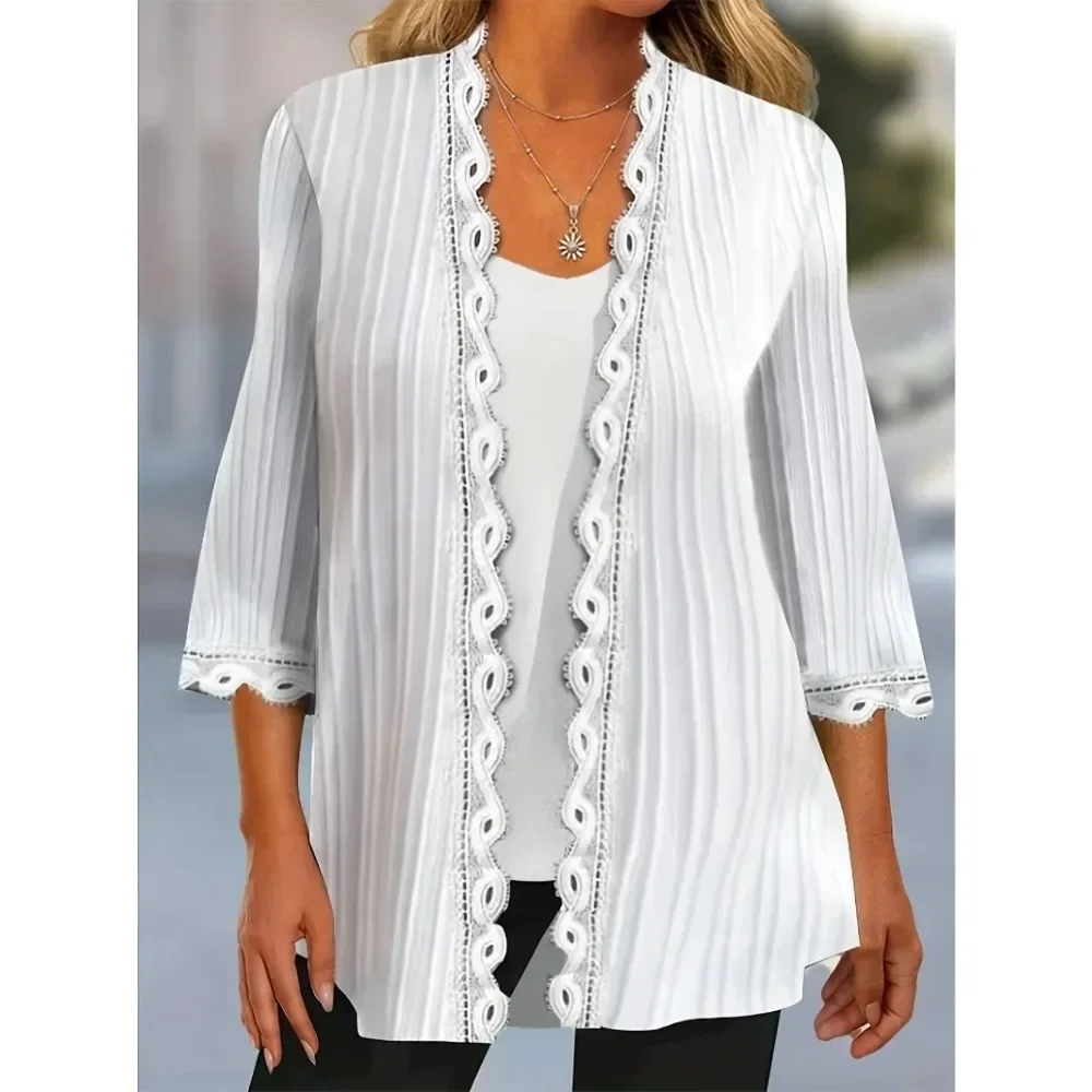 Plus Size 1XL-5XL Women\'s Plus Solid Ribbed Contrast Lace Three Quarter Sleeve Cardigan Elegant and loose fitting Outwear