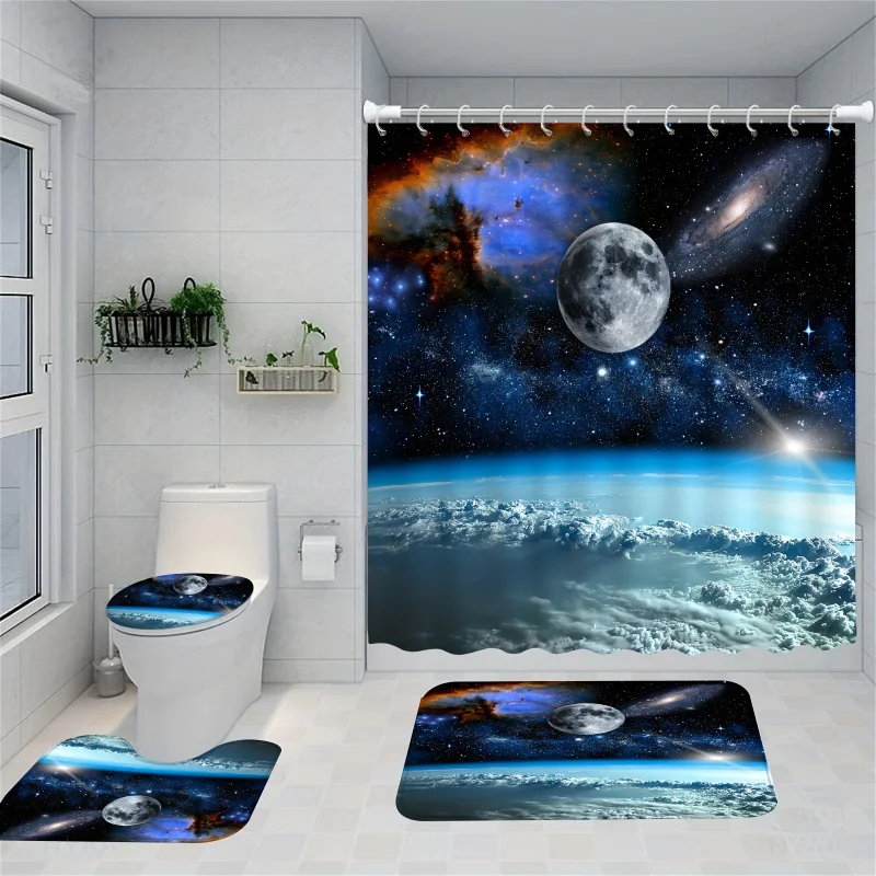 1/4PCs galaxy printed shower set, waterproof curtain with hooks, u-, toilet cover, L-shaped mat, Bath