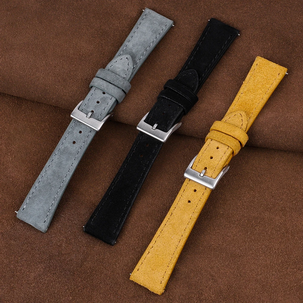 Vintage Genuine Suede Leather Watchband Tan Gray Black 18mm 20mm 22mm Watch Strap Quick Release With Handmade Stitching Bracelet