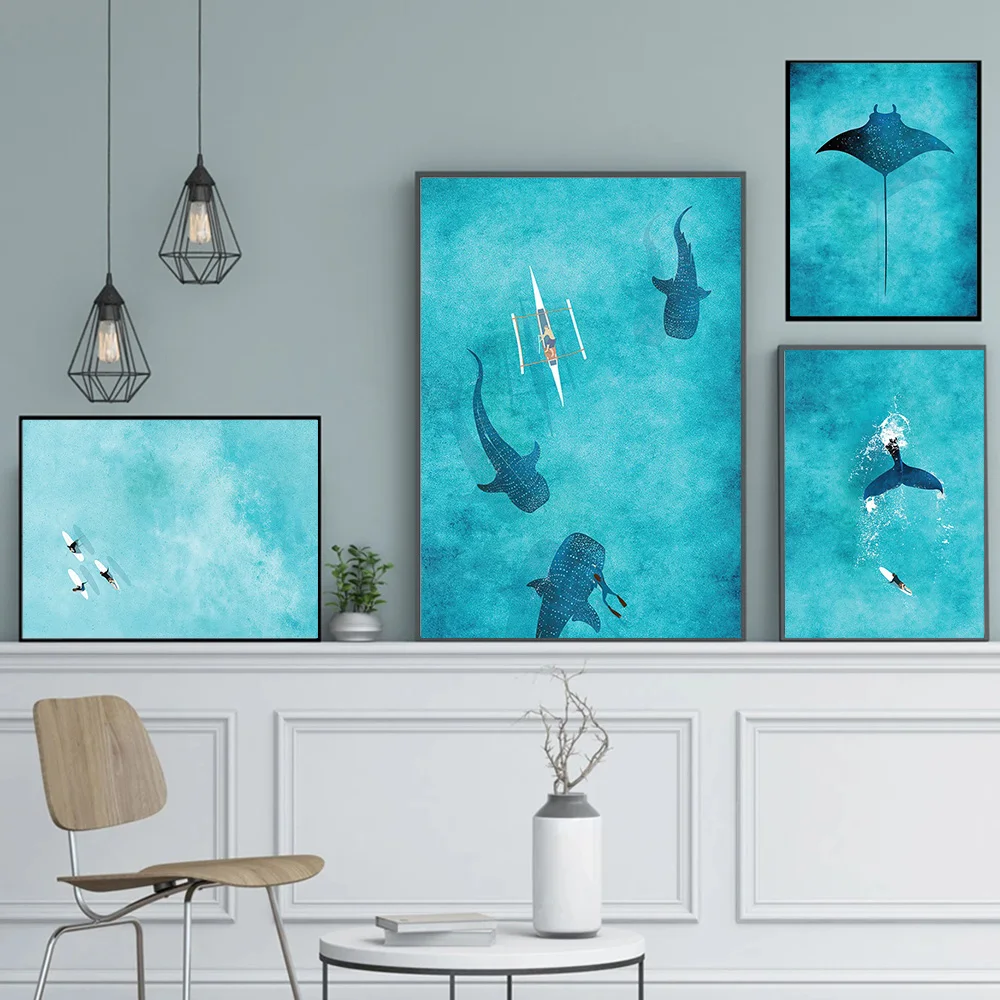 Blue Whale Shark Diver Sail Manta Rays Surf Sea Canvas Painting Wall Art Nordic Ocean Animal Illustration Poster Prints Decor