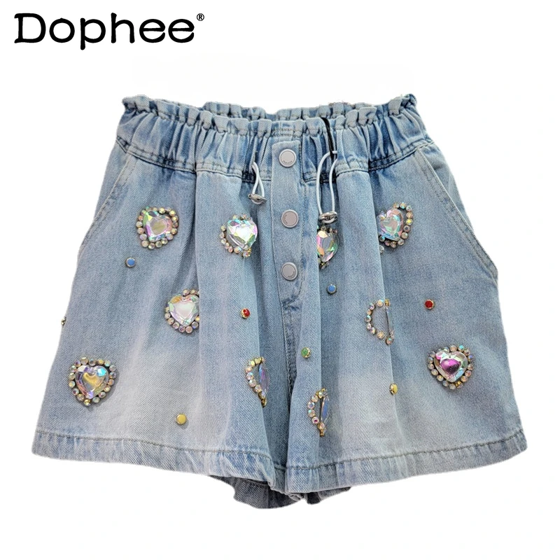 Exquisite Strass Perlen weiß Liebe hohe Taille abnehmen weit geschnittene Jeans shorts Frauen 2024 Sommer neue kurze Jeans Booty Shorts