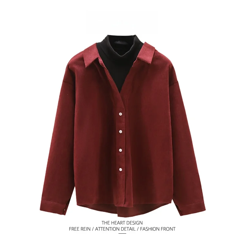 

Women's Vintage Hong Kong Style Shirt Fake Two-Piece Outerwear Autumn Fashion Straight Cut Button Detail Patchwork Long Sleeve