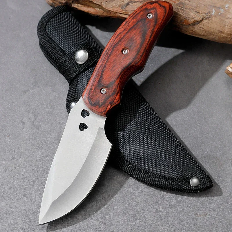 

New outdoor EDC portable straight knife with knife cover, stainless steel, wooden handle, multifunctional camping survival knife