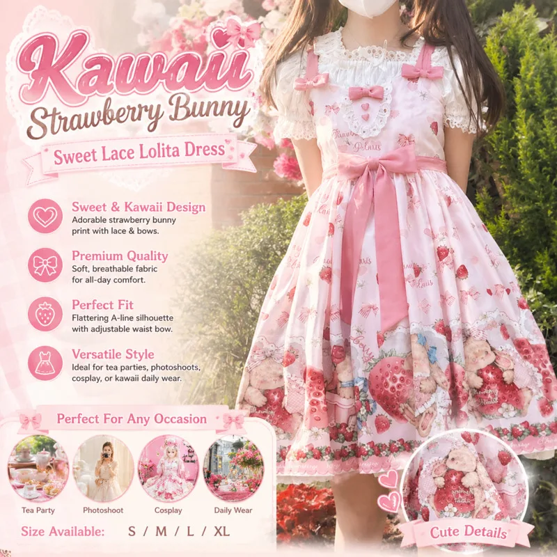 

Sweet Lolita Jsk Dress Pink Cute Strawberry Teddy Print Breathable Lace Bow Dress Little Girls Birthday Summer Tea Party Dresses
