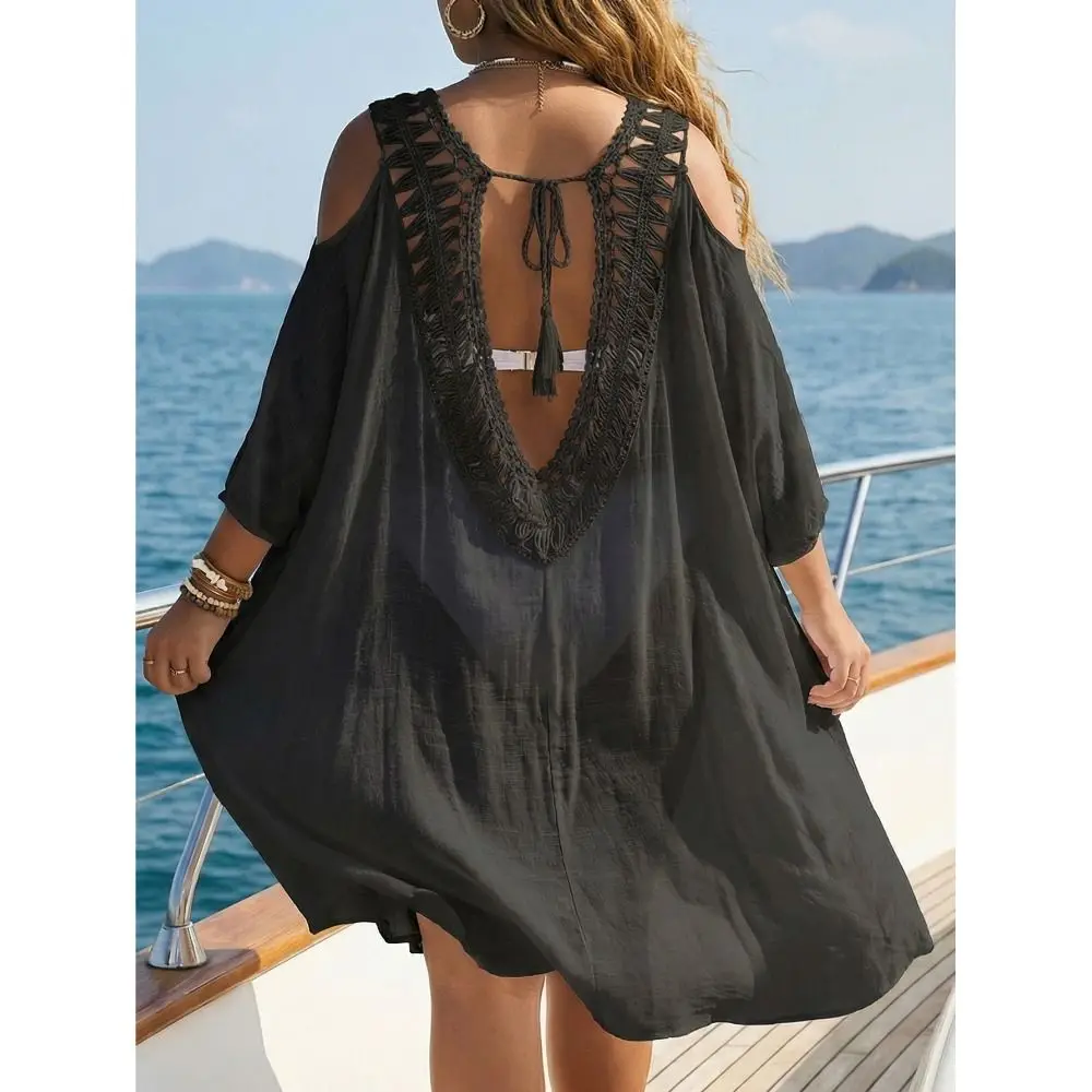 ชุดคลุมว่ายน้ำแฟชั่น คอวี เปิดหลัง ทรงหลวม ป้องกันแสงแดด สำหรับฤดูร้อน สไตล์ลำลอง แบบโปร่ง สำหรับผู้หญิง