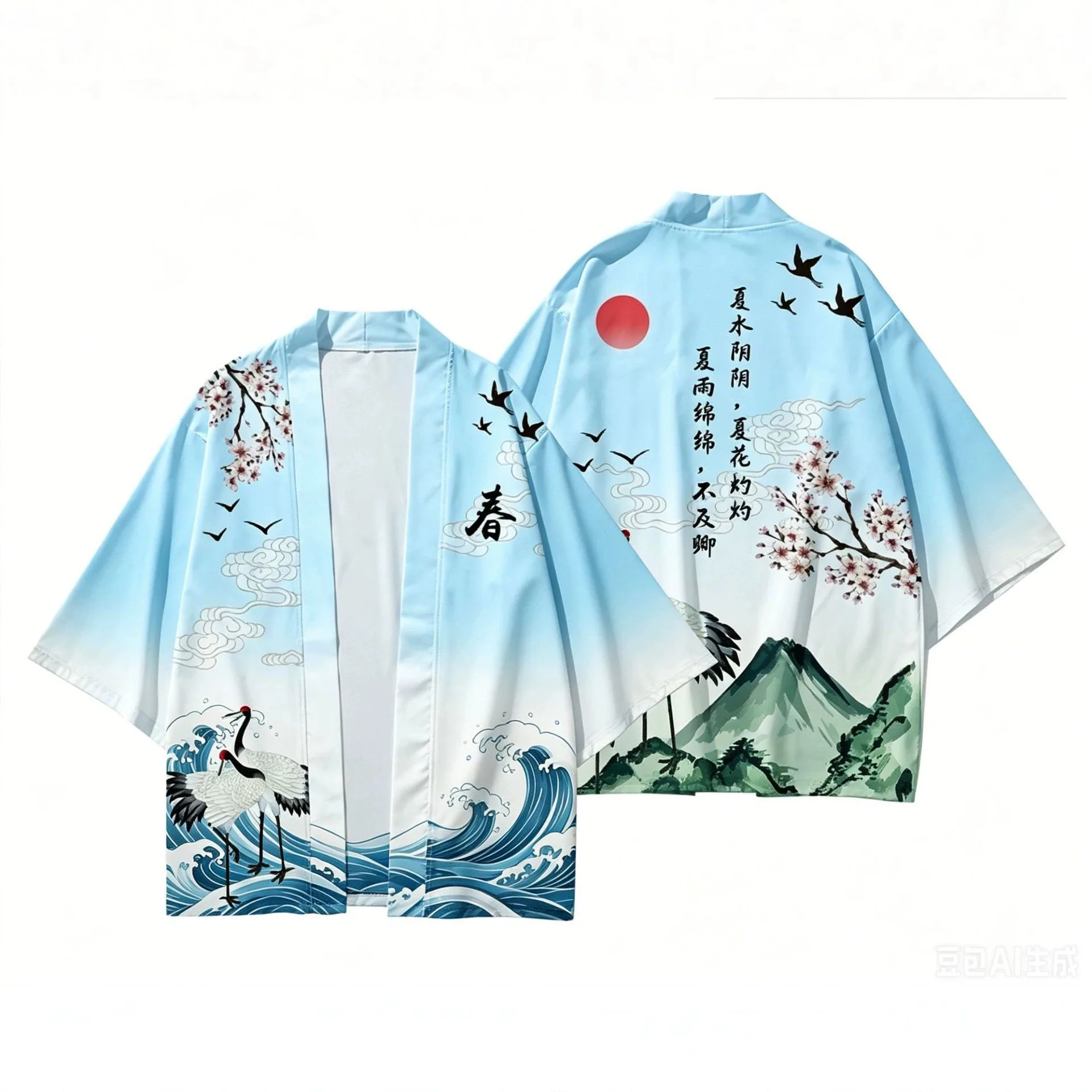 Ukiyo-e Inspired Kimono Robe with Unisex Open Front Outerwear Japanese Style Crane & Wave Cherry Blossom Print Haori Jacket
