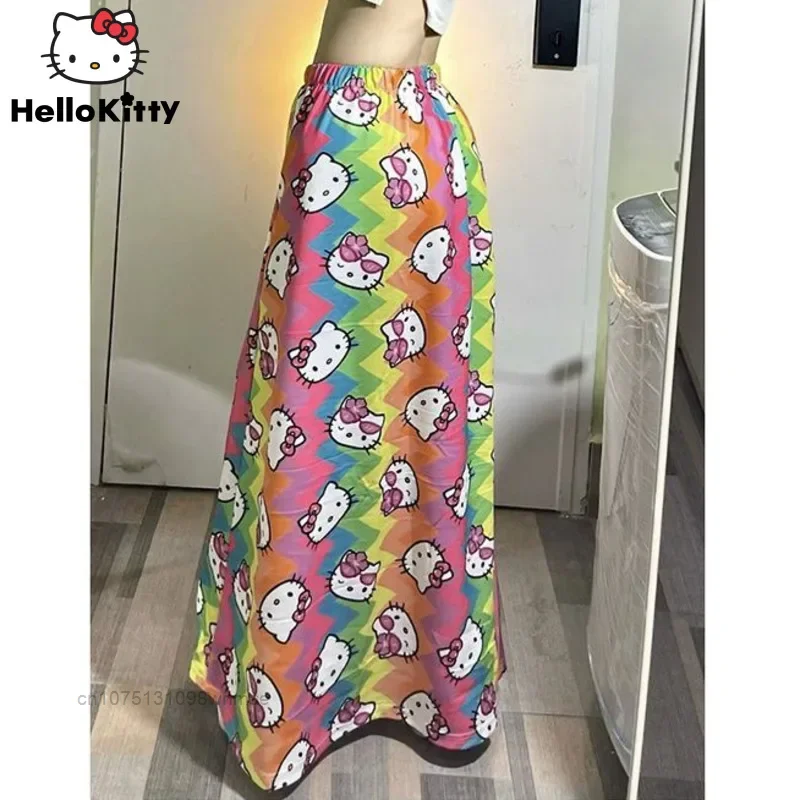 

Sanrio Trendy Hello Kitty Rainbow Printed Midi Skirt for Women with Niche Design, Trendy Dopamine Casual Versatile A-line Skirt