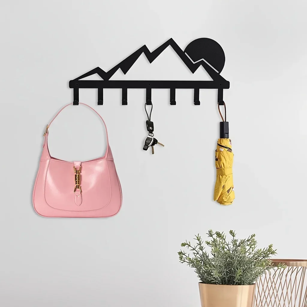 CIFBUY Decoration  Mountain Metal Key Holder 7 Hooks Sunset Scenery Black Iron Wall Mounted Coat Hats Hooks Decorative Hanger Or