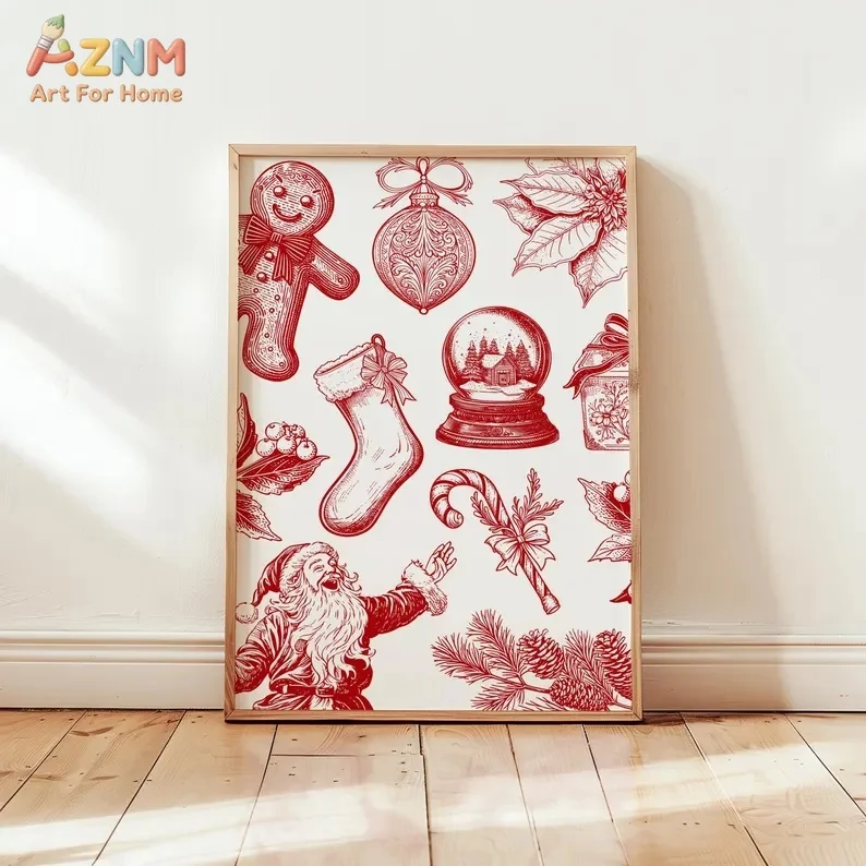 AZNM Vintage Red Sketch Christmas Element Canvas Wall Art Santa Gingerbread Man Stocking Snow Globe Print Xmas Home Holiday Deco