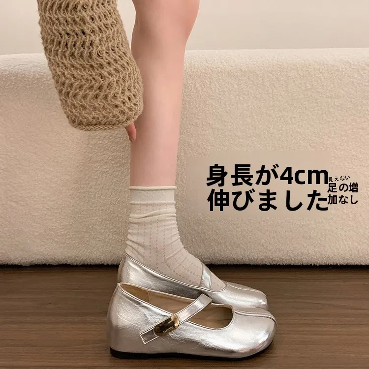 シルバーメリージェーンフラットシューズ-レディース-春2026新作-バレエスタイル-インヒール-スカートに合う-スリッポン-ラウンドトゥ