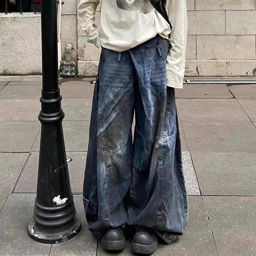 Punk Street Style Fashion Denim Pants American Retro Wash Personality Wide Leg Jeans Chic Gothic Pockets Casual Pants Y2k 2025