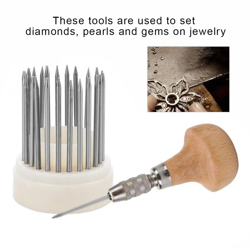 23Pcs Beading Tool Set Diamond Stone Pearl Grain Tool Set Beader with Wood Handle Jewelry Making Tool Goldsmith Tool for Jeweler