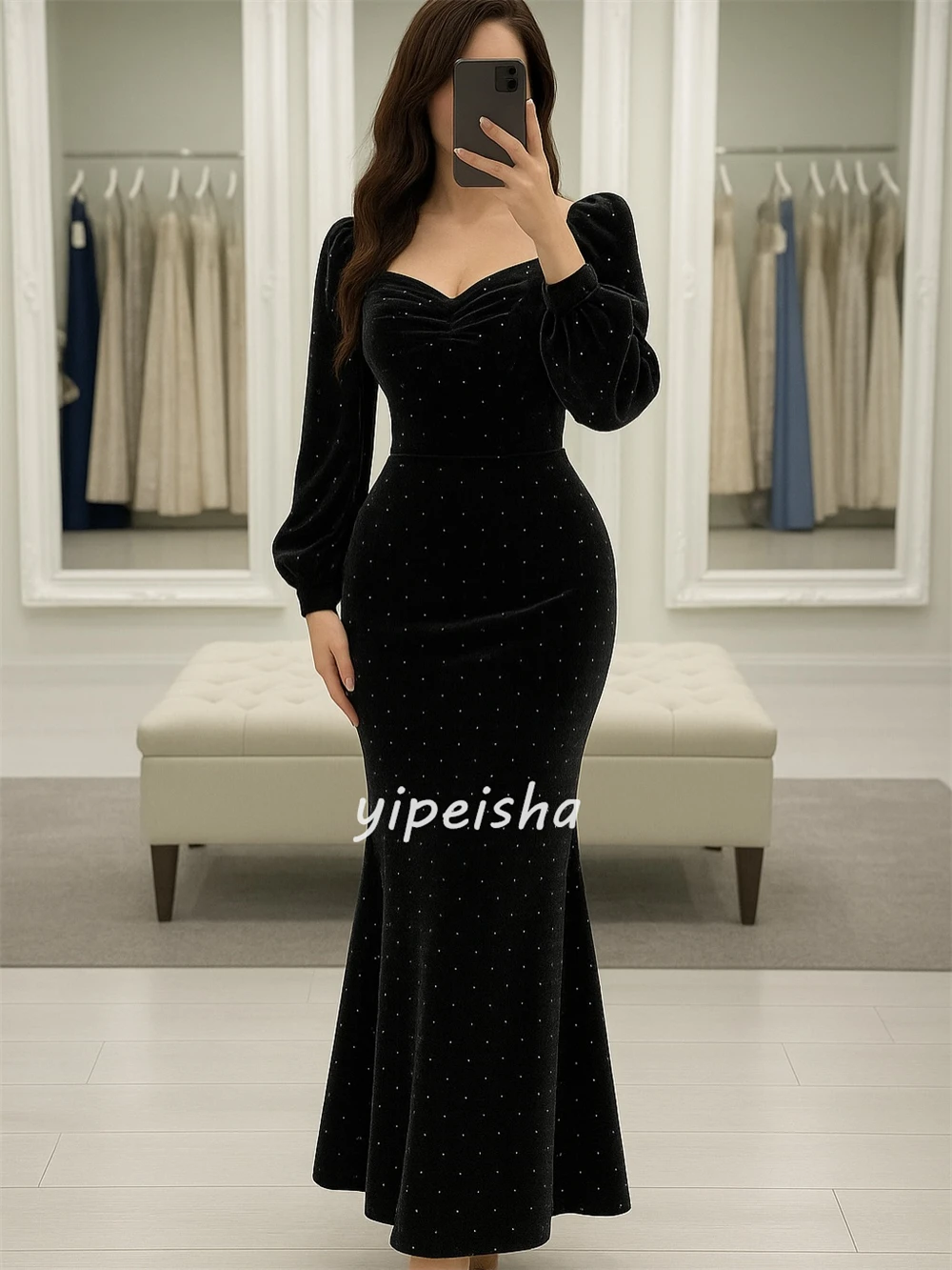 Customized Modern Style Formal Sequined Ruched Mermaid Square Neck Ankle Length Dresses Evening Dresses High Quality Matching