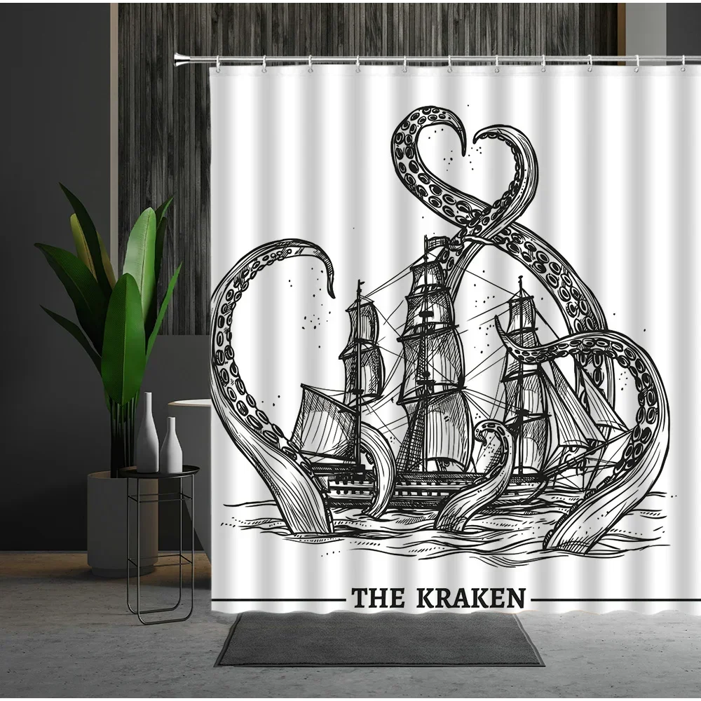 Octopus Shower Curtains Marine Life Black White Tentacle Turtle Hippocampus Cartoon Animal Print Bathroom Decor Fabric Curtains