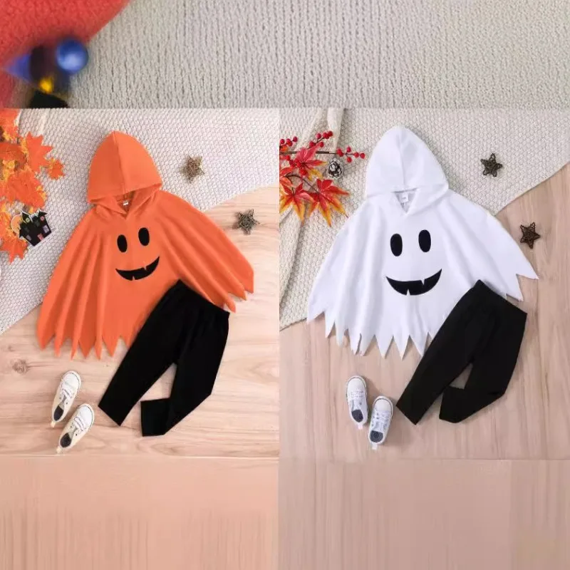 

Halloween Baby Boy Clothes Outfit Ghost Print Girl's Cape Set Hooded Cape Pants 2PCS Toddler Costume Cosplay Party Baby Suits