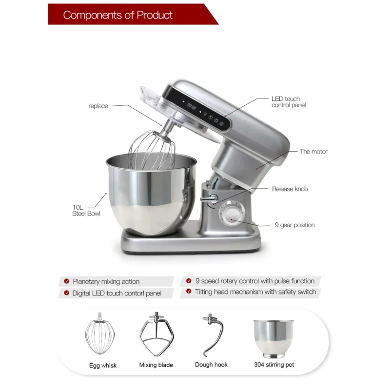 

Миксер планетарного типа Birui Household Stand Mixer, высокая мощность 2200 Вт, 10-литровая чаша, лезвия из углеродистой стали, конструкция с подъемной чашей, кухонный прибор для приготовления тортов/хлеба