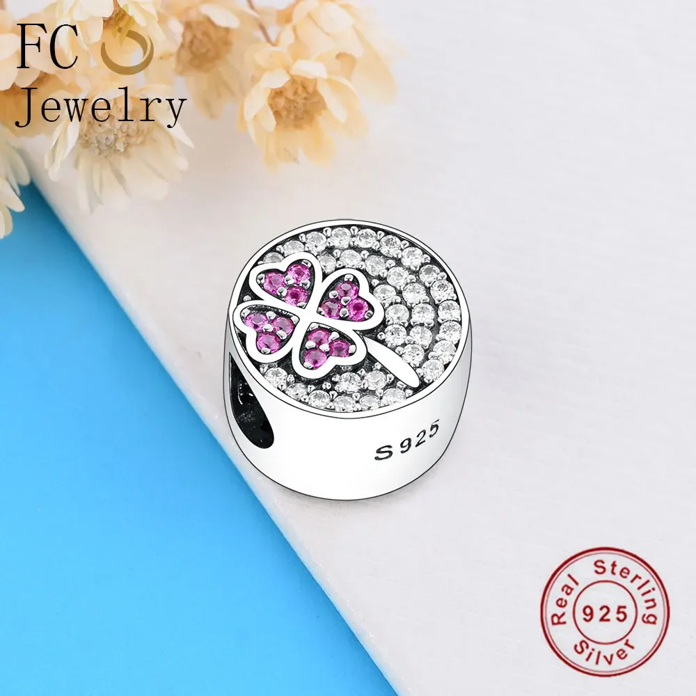 FC Jewelry Fit Original Pan Charms Bracelet Sterling Silver Round Four Leaf Clover Color Zirconia Beads Making Berloque 2022