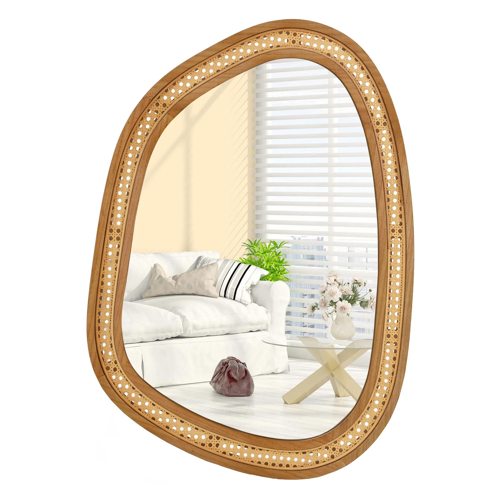 GOFLAME Irregular PVC Rattan Wall Mirror, Boho Style Decorative Mirror w/ Wooden Frame