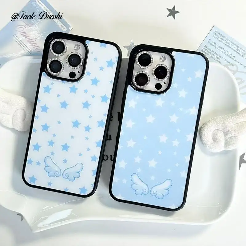Modische Koreanische Minimalistische Blaue Stern-Engel-Flügel Handyhülle für iPhone 17 AIR 16 15 14 13 12 11 PRO MAX 7 8 PLUS Cover