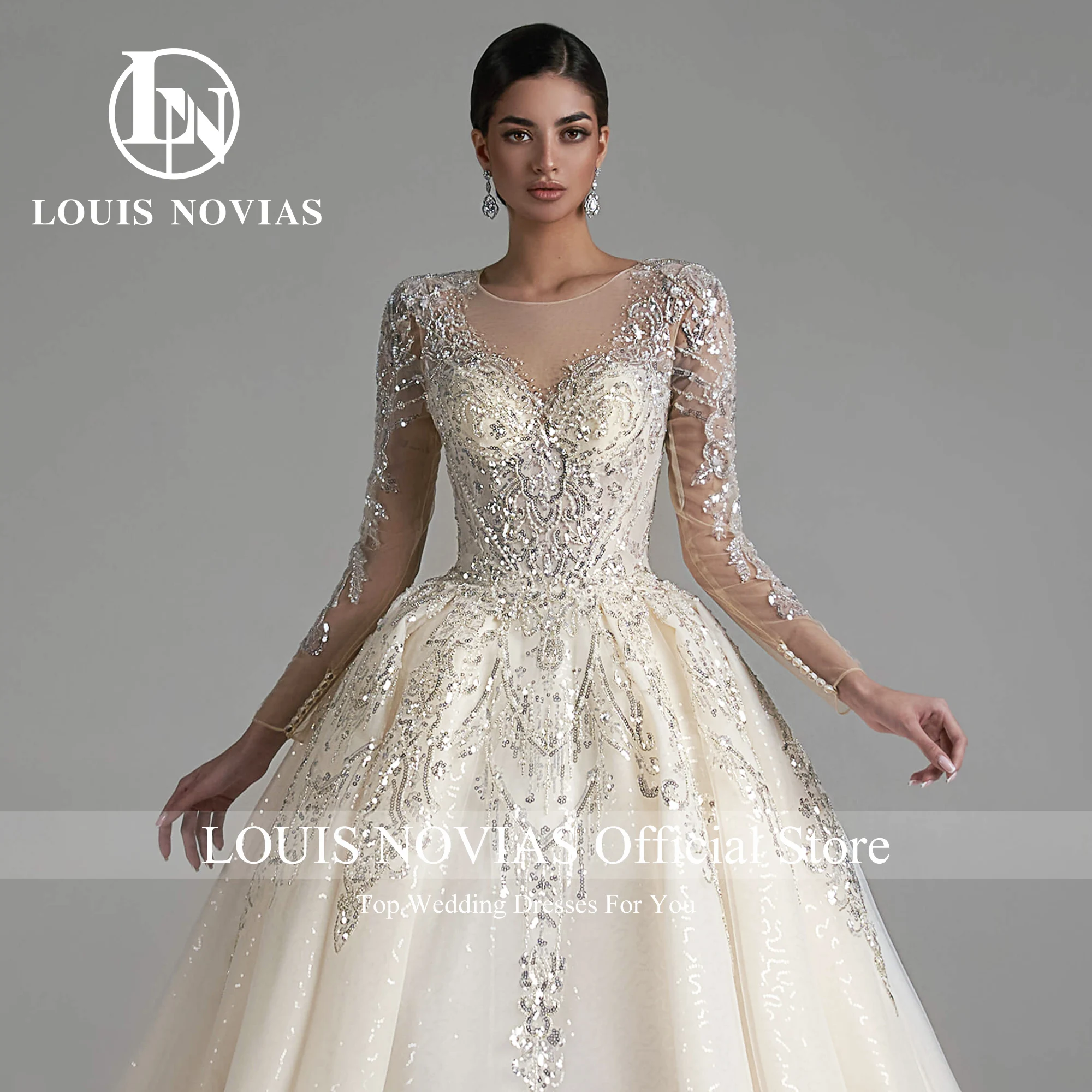 LOUIS NOVIAS Luxury Ball Gown Wedding Dresses 2023 Embroidery Beading Sequined Cathedral Train Wedding Gown Vestidos De Novia