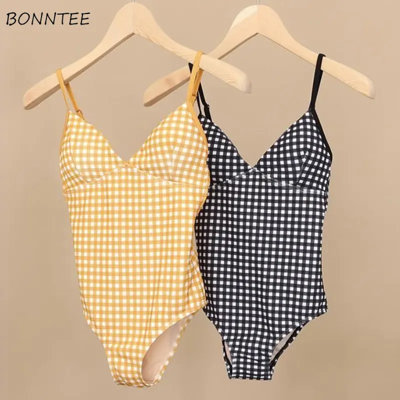 Cover-up donna estate senza maniche costumi da bagno dolce stile spiaggia Vintage Plaid Backless progettato conservatore Ins Fashion