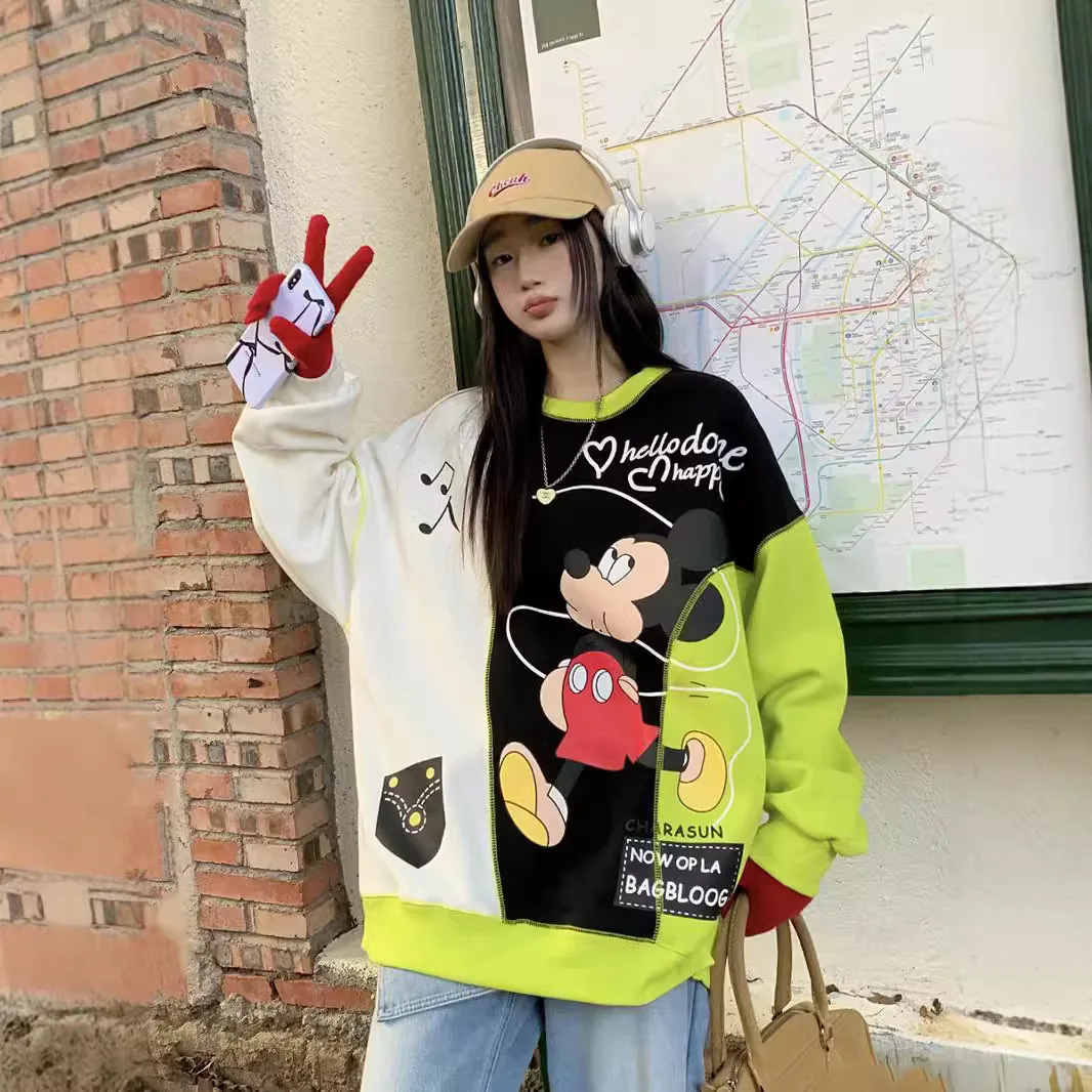 Trendy Brand Contrasting Color Splicing Loose Jumper 2024 Autumn New Oversized Fashion Casual Cartoon Printed Sweatshirts Women