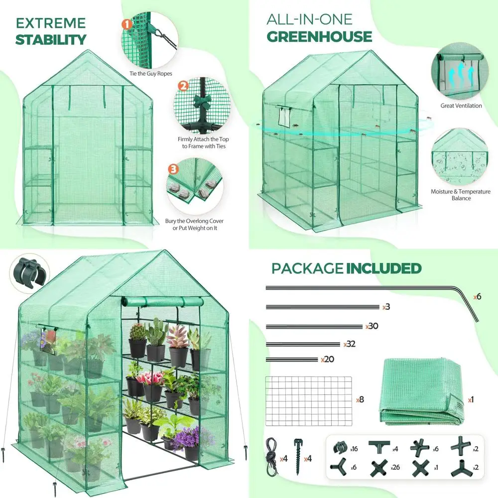 

Portable 3-Tier Greenhouse with Wire Shelves, Roll-Up Door & Windows, 8 Shelves, 56x56x77, Clear/Green Cover