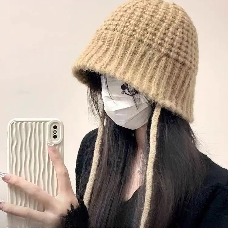 New Women Knit Bucket Hat with Ear Flap Fall Winter Slimming Face Versatile Warm Fisherman Hat Cold Proof Beanies