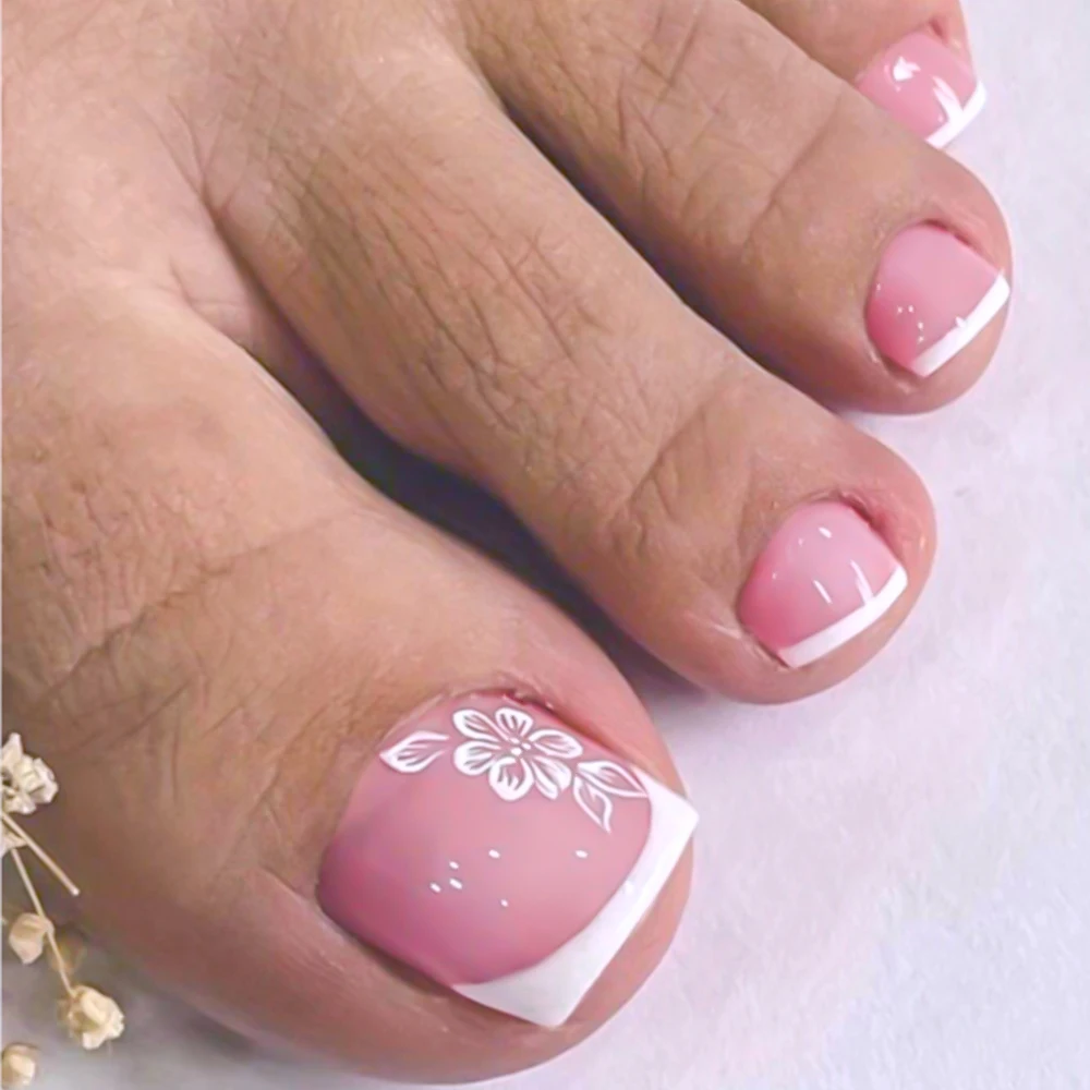 

24Pcs Pink False Toes Nails Flower Design French Square Fake Toe Nails Feet Nail Tips Artificial Press On Toenails for Women