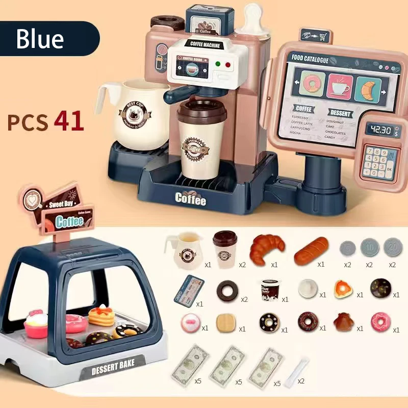 Pretend Play Shopping Cash Register Toys For Kids 3 In 1 Coffee Machine Toy Set Kitchen Toys Simulation Food Bread Coffee Cake