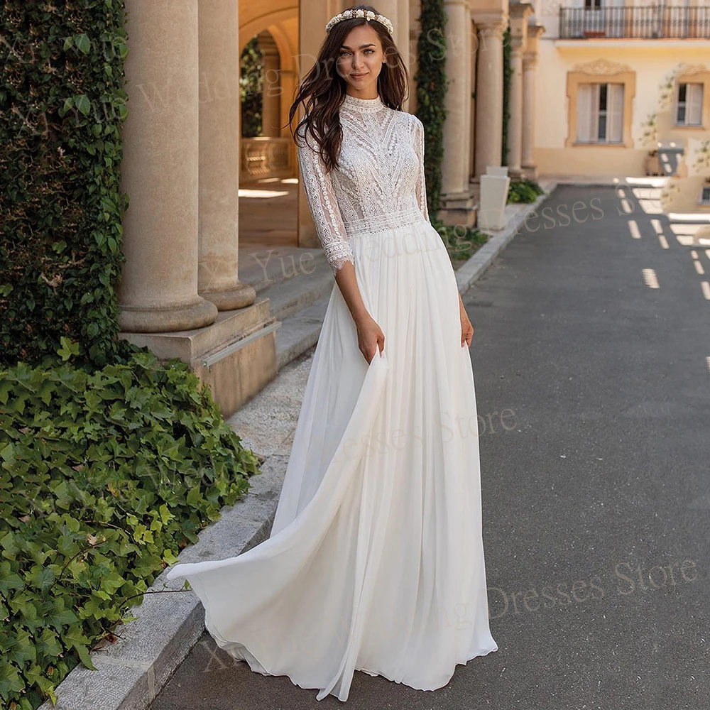 Robes de mariée en dentelle à col haut pour femmes, simple, gracieuse, ligne A, modeste, mariée en dentelle, quel que soit le bouton élégant, mousseline de soie