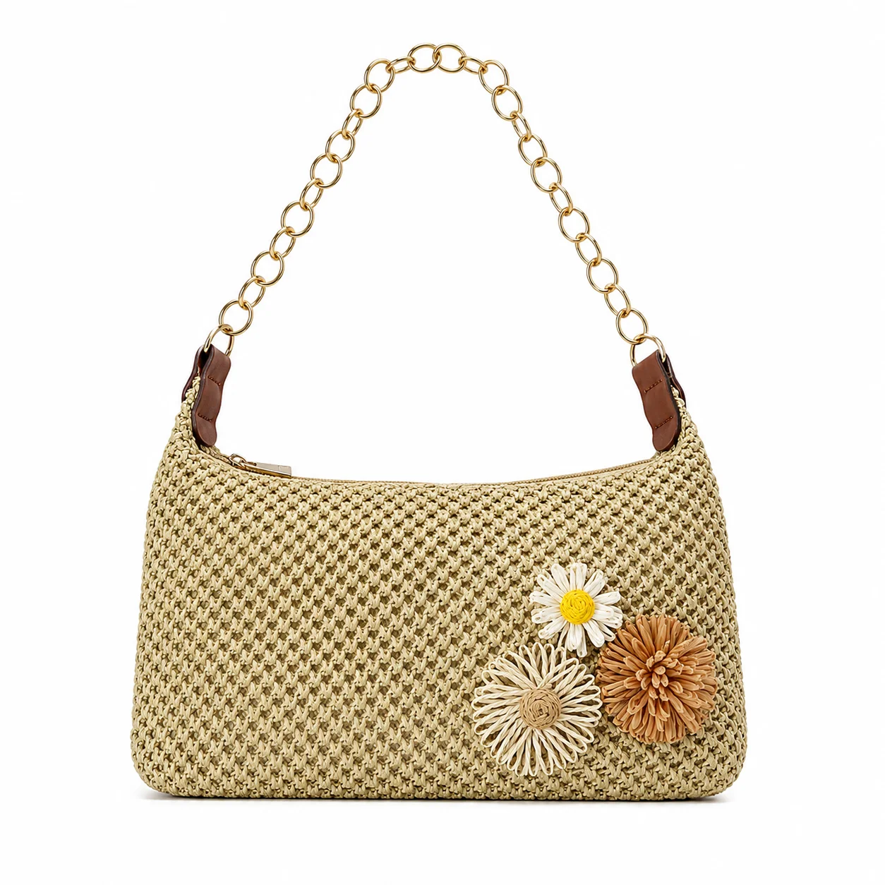Women Woven Straw Underarm Bag Summer Korean Style Shoulder Handbag Chain Flower Decor Beach Vacation Purse