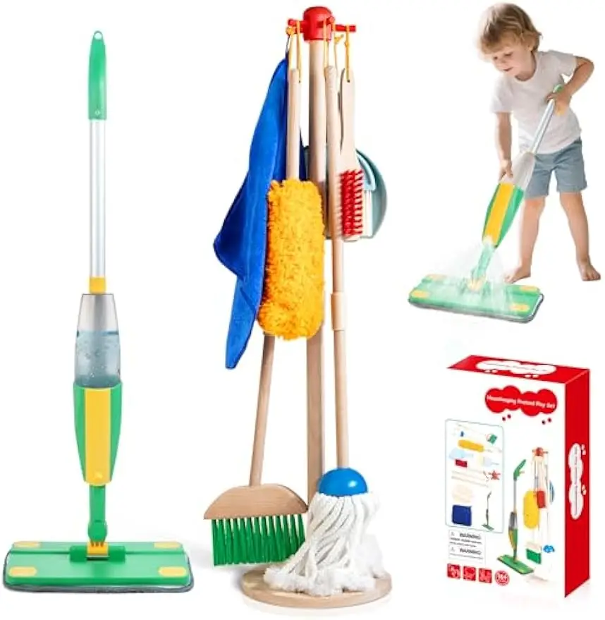 

Детский деревянный набор игрушек для чистки с распылителем, метлой и подставкой для хранения для детей от 3 лет