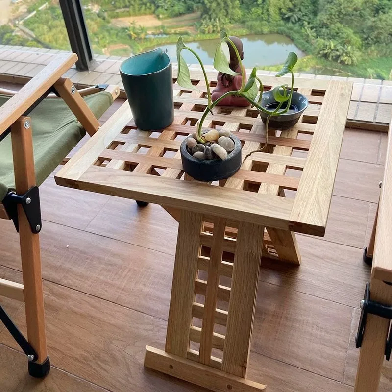Solid Wood Balcony Coffee Tables Square Grid Portable Fold Bedside Table Nordic Simple Countryside Non-install Home Furniture