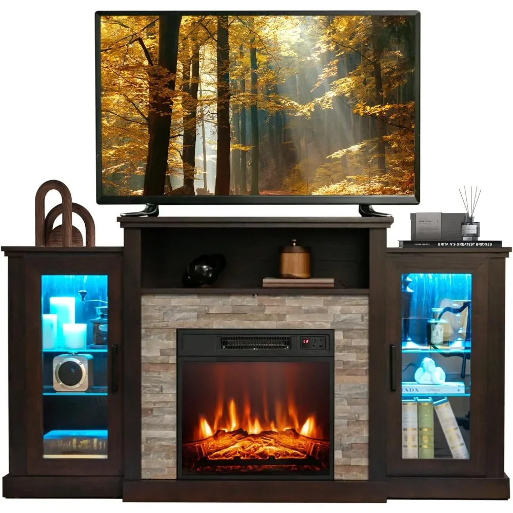 Electric Fireplace TV Stand for TVs Up to 65 Inches,18-inch Insert with APP Control, Remote 16 Color Lights,Wooden Entertainment