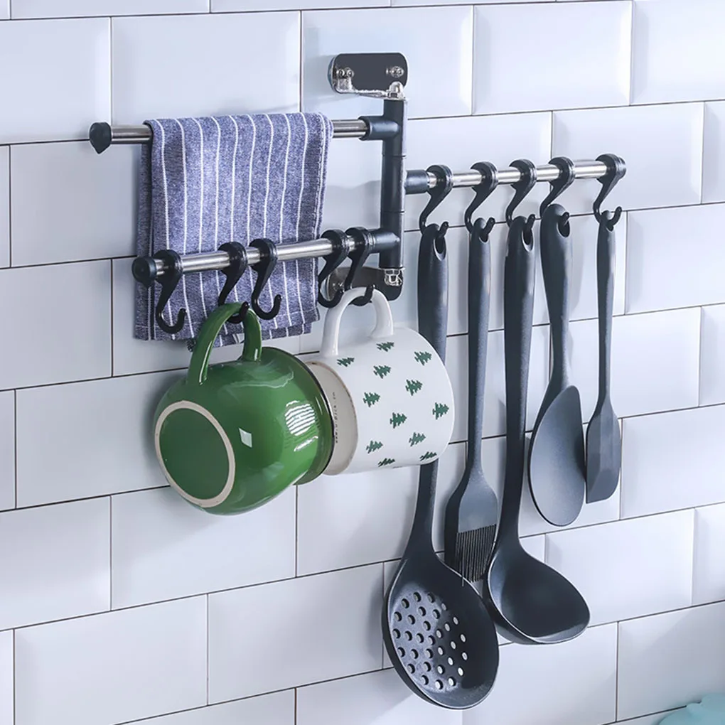 Wall Mount Kitchen Utensil Holder Rotating Stainless Steel Rack Rail Hanger Hook Organizer for Spoon Pot Pan