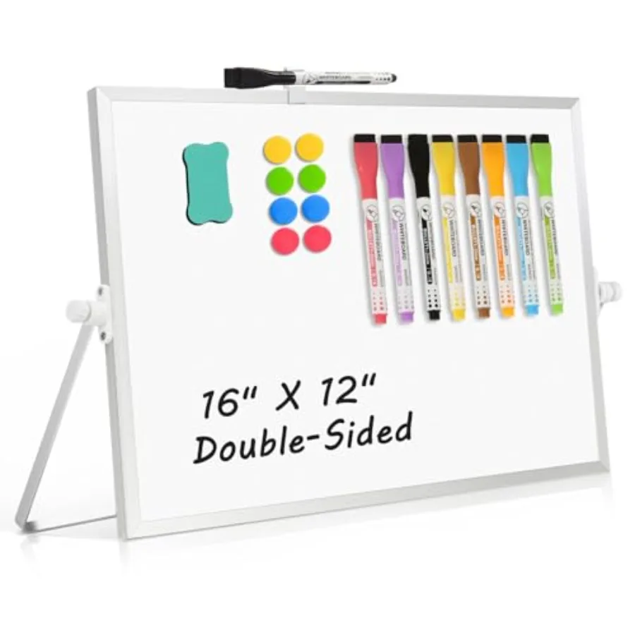 

Dry Erase Magnetic Board, 16" x 12" DoubleSided Desktop board with Stand, Portable Small board Set for Drawing, Office, Home